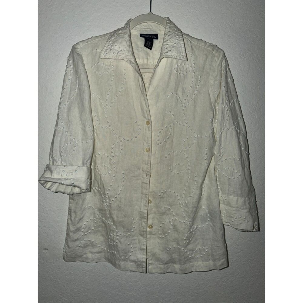 Jones New York Signature White 100% Linen Embroidered Button-Up Top S Chic